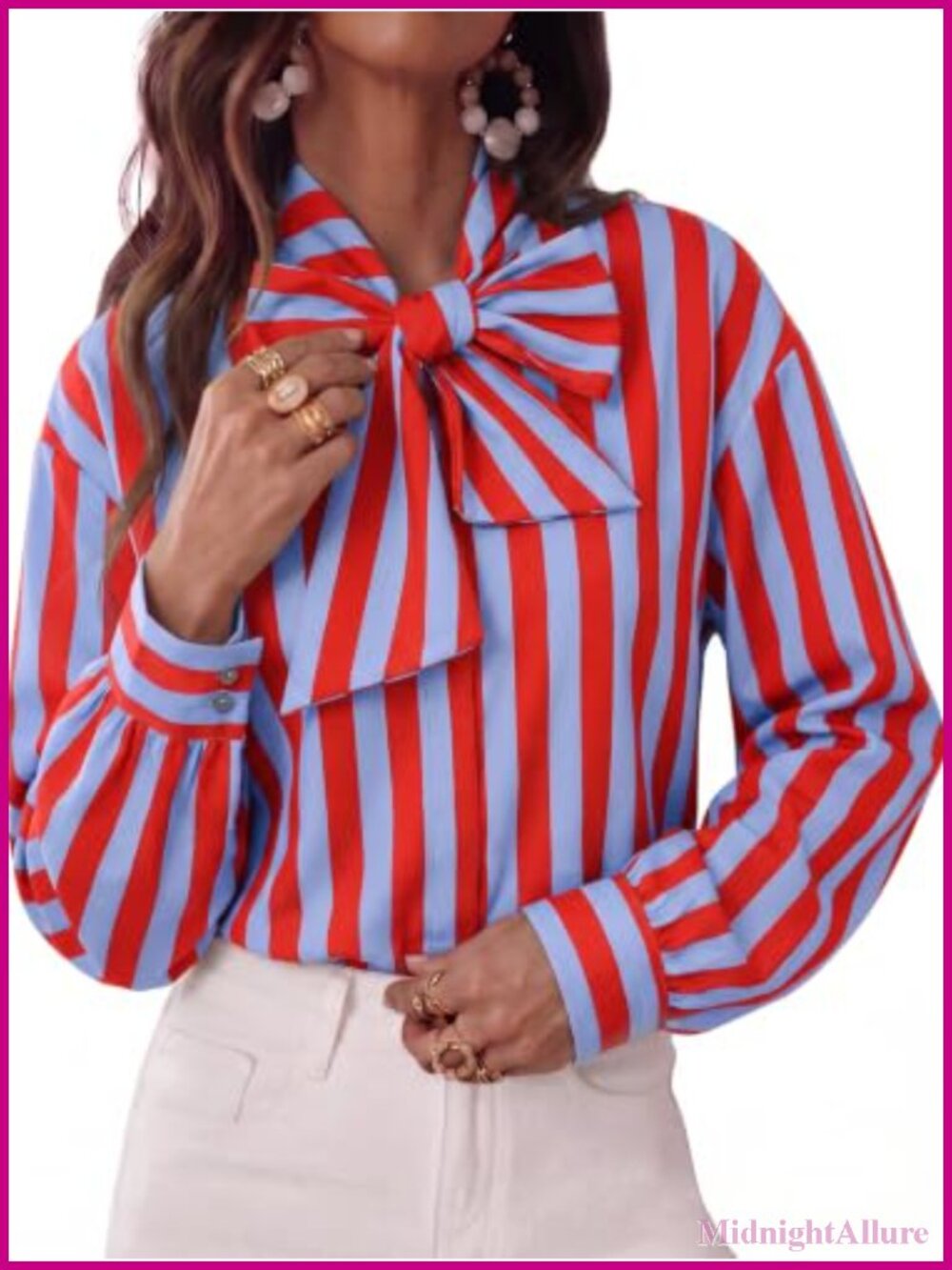 Striped Bow Tie Neck Long Sleeve Button Down Shirt Blouse
